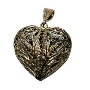 Ornate Vintage Filigree Puffed Silver tone Heart Pendant Diamond Cut